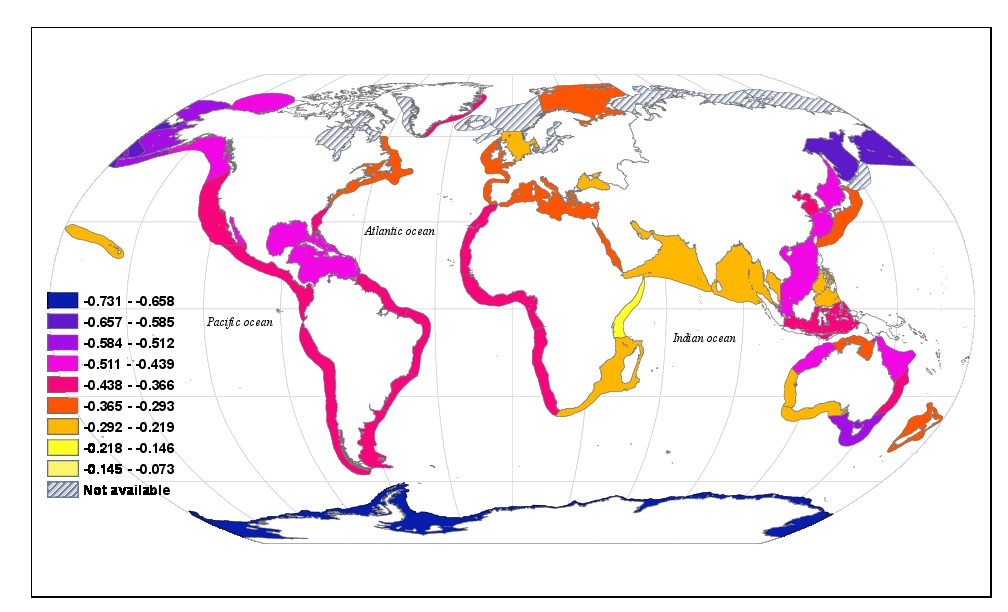 A world map displaying coastal areas with color-coded regions to indicate a specific variable or index related to environmental or ecological conditions.  The map uses a gradient scale ranging from deep blue (lowest values, -0.731) to bright yellow (highest values, -0.073). Regions without data are marked with diagonal hatching. Key highlighted areas include the coasts of North and South America, Europe, Africa, Asia, and Australia, as well as sections of the Arctic and Antarctic regions. Oceans are labeled (e.g., Pacific Ocean, Atlantic Ocean, Indian Ocean) for spatial reference. Distinct patterns show varying levels of the represented variable along different coastlines globally.