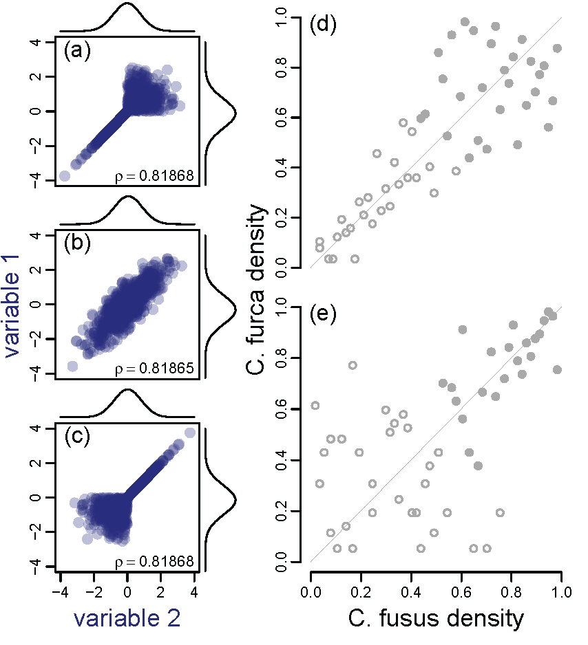 A composite image featuring scatter plots with marginal density distributions and correlation analyses.