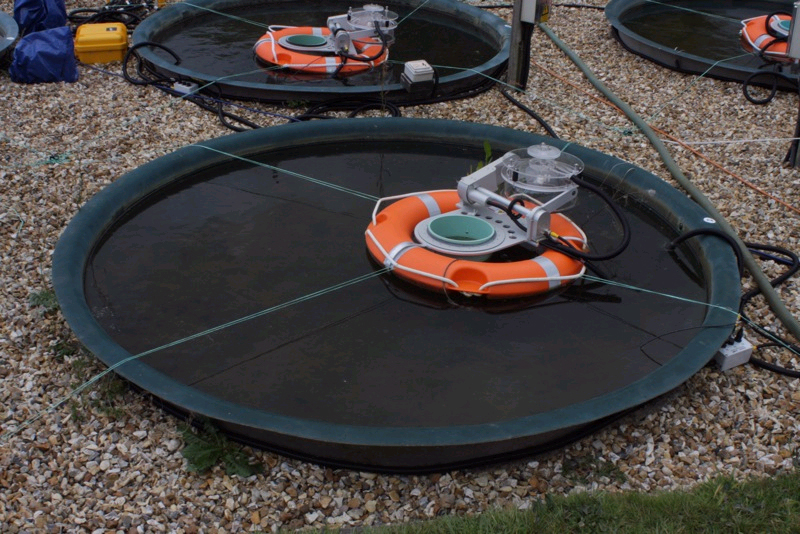 mesocosm, a black disc with an orange ring on top containing equipment